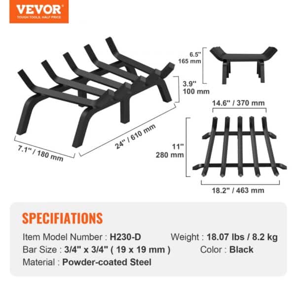 VEVOR Fireplace Log Grate, 24 inch Heavy Duty Fireplace Grate with 6 Support Legs, 3/4’’ Solid Powder-coated Steel Bars, Log Firewood Burning Rack Holder for Indoor and Outdoor Fireplace