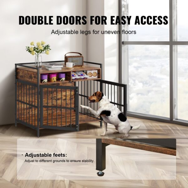 VEVOR furniture style dog crate with double doors, adjustable feet for stability, dog accessing crate.