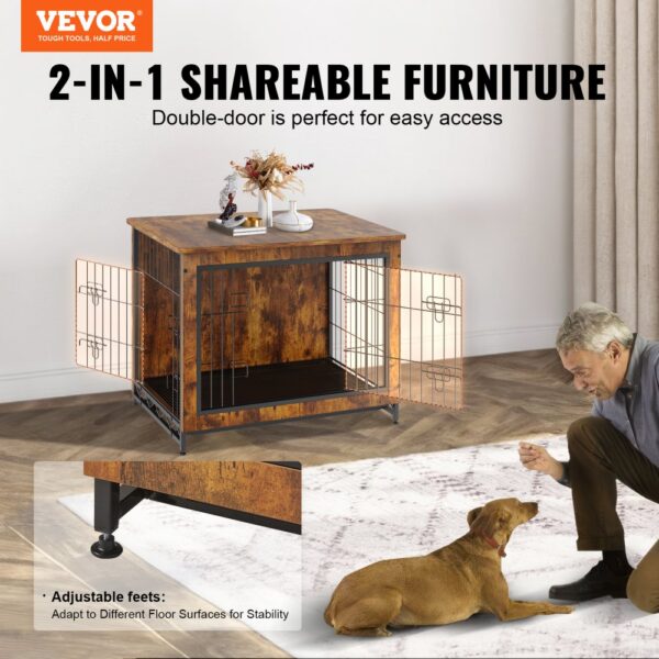 VEVOR dog crate furniture with double-door access, featuring adjustable feet and rustic wood finish.