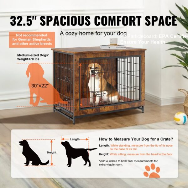 VEVOR dog crate furniture: 32.5" spacious comfort space for medium-sized dogs, 30"x22" measurements, cozy home.