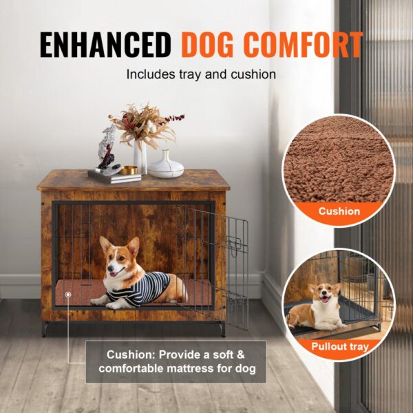 VEVOR dog crate furniture with a soft cushion and pullout tray featuring a cozy dog in a rustic wooden crate.