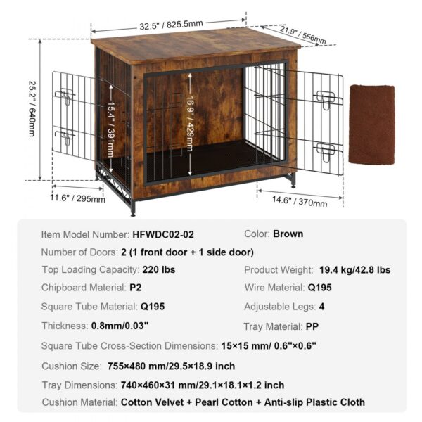 brown VEVOR dog crate furniture with metal bars, 2 doors, cushion, and dimensions shown.