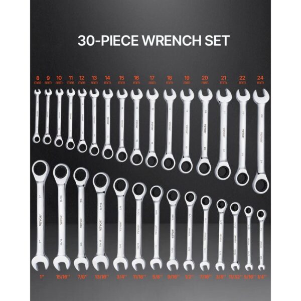VEVOR Combination Wrench Set 30 PCS SAE 1/4" to 1", Metric 8-24mm Organizer Rack
