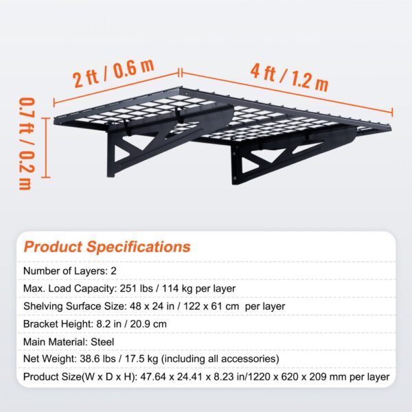 VEVOR Garage Storage Shelving, 2 Pack, 4 x 2 ft Heavy Duty Garage Shelves Wall Mounted, 502 lbs Load Capacity(Total) Garage Storage Rack Floating Shelves, Suitable for Shop, Shed, Garage Storage