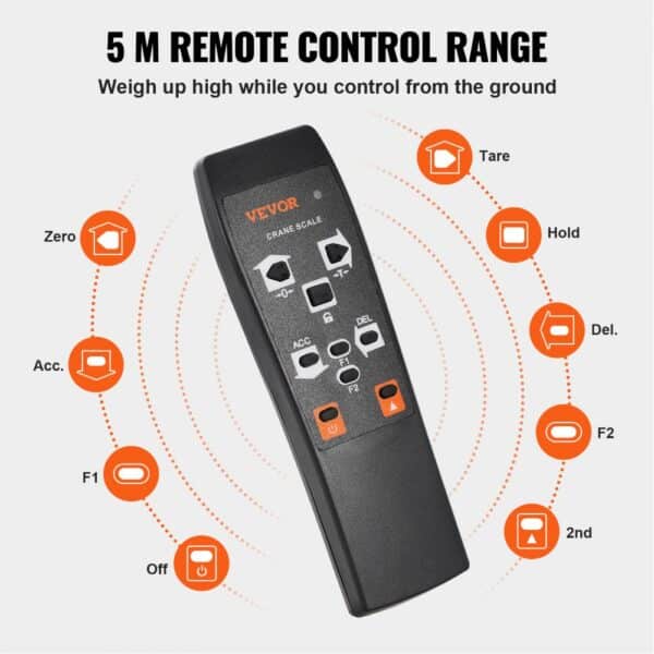 VEVOR digital crane scale remote control with 5-meter range and various function buttons.