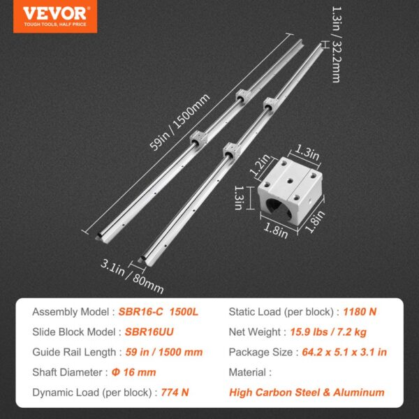 VEVOR Linear Guide Rail Set, SBR16 1500mm, 2 PCS 59 in/1500 mm SBR16 Guide Rails and 4 PCS SBR16UU Slide Blocks, Linear Rails and Bearings Kit for Automated Machines DIY Project CNC Router Machines