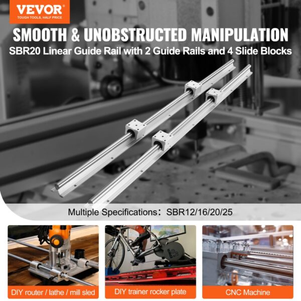 VEVOR linear guide rail set sbr20, featuring twin guide rails and slide blocks for cnc precision.