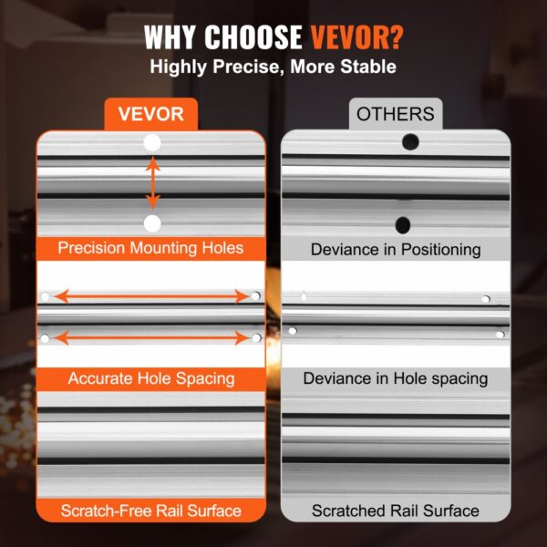 comparison of VEVOR linear guide rail set and others, showcasing precise mounting holes and scratch-free surface.