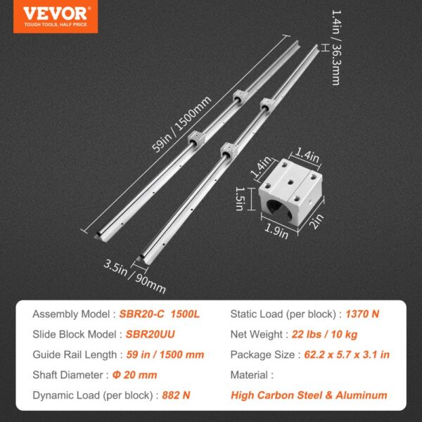 VEVOR Linear Guide Rail Set, SBR20 1500mm, 2 PCS 59 in/1500 mm SBR20 Guide Rails and 4 PCS SBR20UU Slide Blocks, Linear Rails and Bearings Kit for Automated Machines DIY Project CNC Router Machines