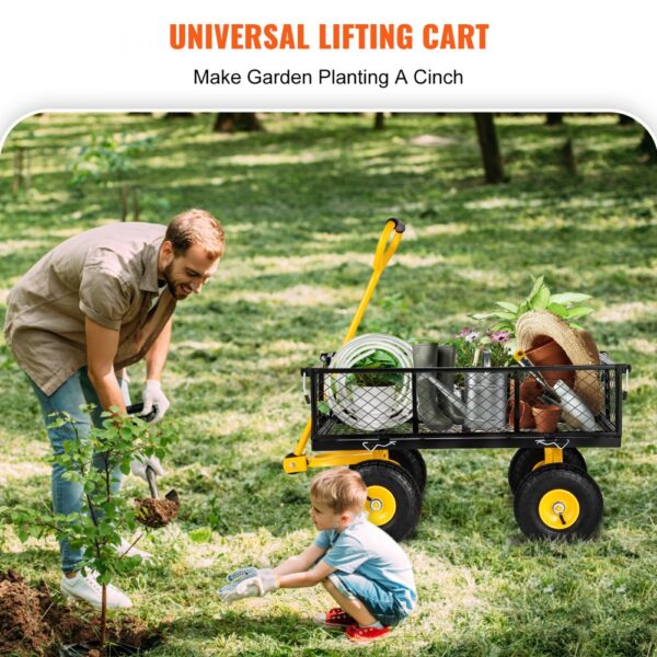 man gardening with child, VEVOR steel garden cart filled with tools and plants on grass.