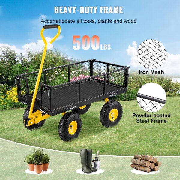 VEVOR steel garden cart with yellow handle, black iron mesh, and powder-coated steel frame holds 500lbs.