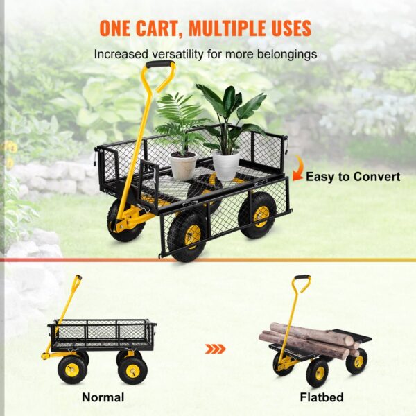 VEVOR steel garden cart showcasing versatility with plants and logs, easy to convert from normal to flatbed.