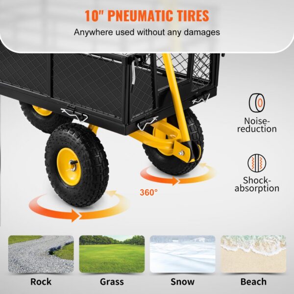 black VEVOR steel garden cart with 10" pneumatic tires, suitable for rock, grass, snow, and beach.