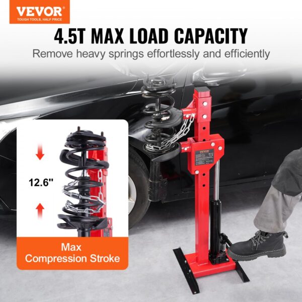 VEVOR hydraulic spring compressor with a max load capacity of 4.5t and 12.6" compression stroke.