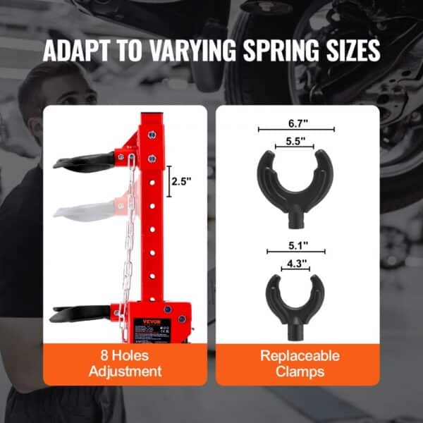 VEVOR hydraulic spring compressor with 8-hole adjustment and replaceable clamps for varying spring sizes.