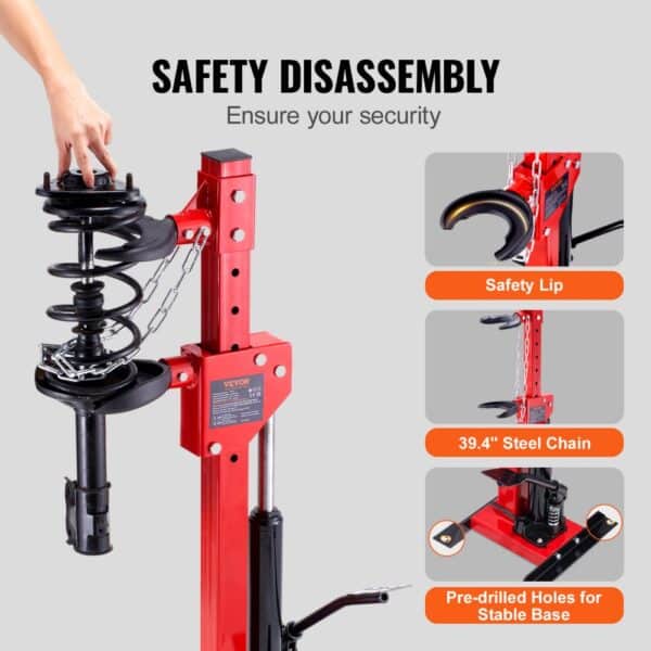 VEVOR hydraulic spring compressor with safety lip, 39.4" steel chain, and pre-drilled base holes.