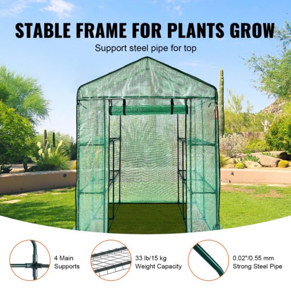 VEVOR walk-in greenhouse with strong steel frame and 33 lb/15 kg weight capacity under blue sky.