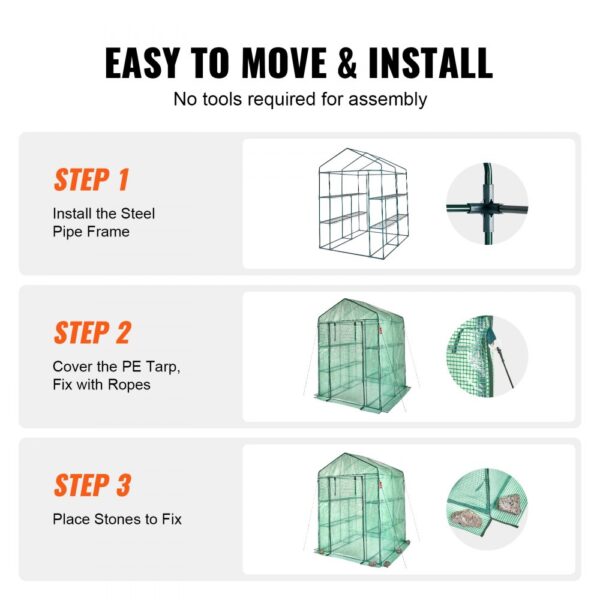 VEVOR walk-in greenhouse assembly steps: install steel frame, cover with pe tarp, secure with stones.