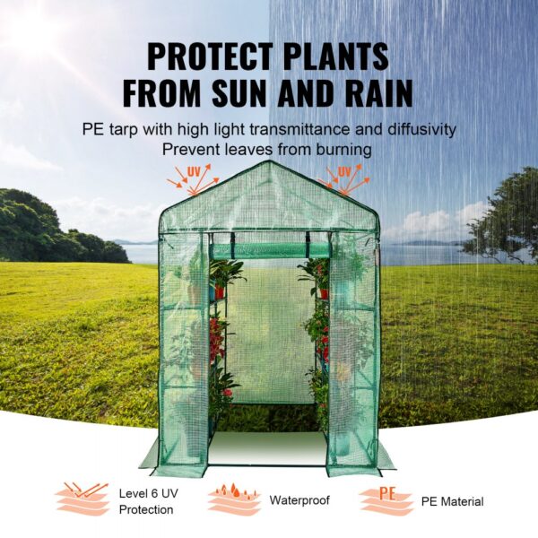 VEVOR walk-in greenhouse with pe tarp protecting plants from sun and rain, featuring uv and waterproof design.