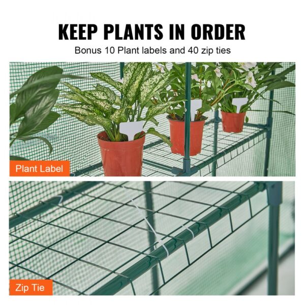 plants in red pots with labels inside a VEVOR walk-in greenhouse; zip ties secure the metal shelves.