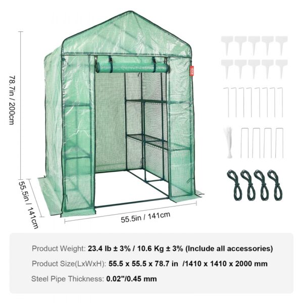 VEVOR walk-in greenhouse, 200cm high, with measurements 141x141cm. accessories include ropes, stakes.