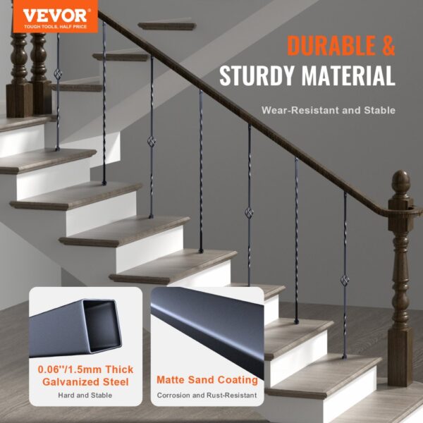 VEVOR staircase metal balusters with dark wood handrail, showcasing durability and stability.