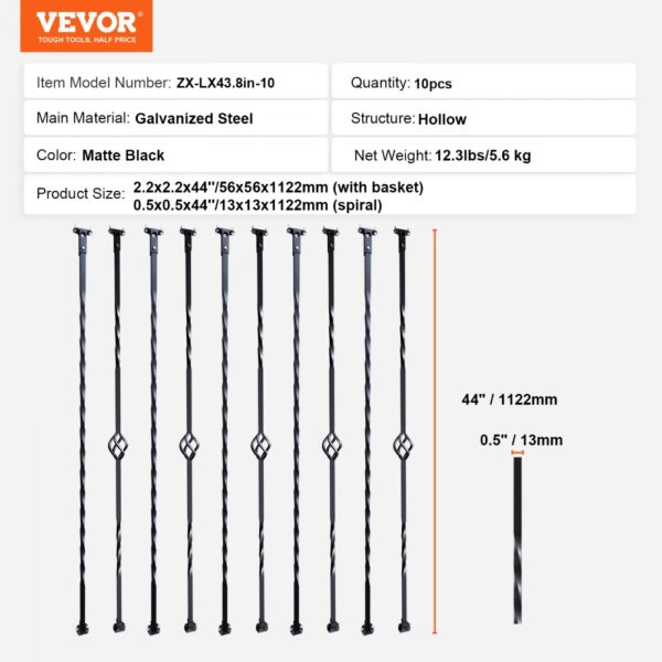 VEVOR staircase metal balusters, black galvanized steel, hollow, 44-inch height, 10 pcs set.