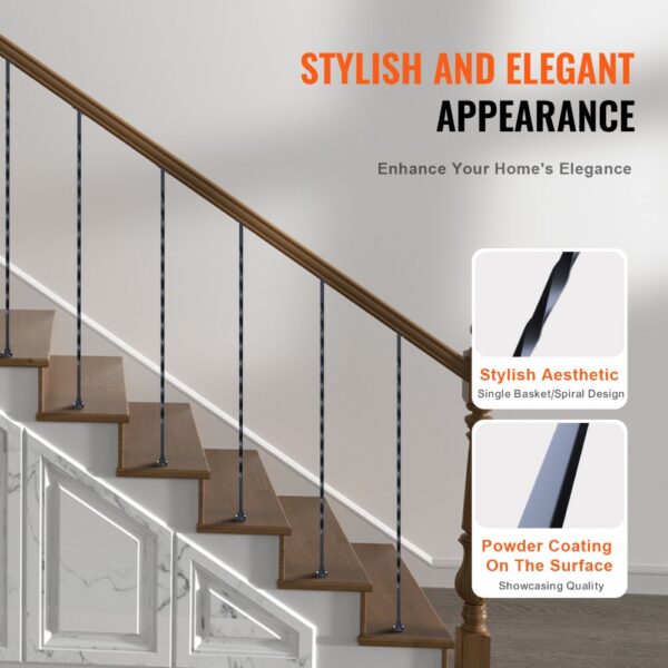 stylish wooden staircase with VEVOR metal balusters and elegant single basket/spiral design.