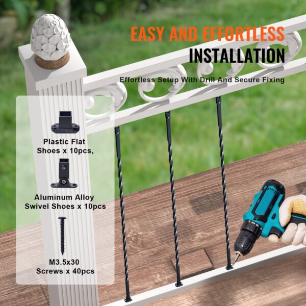 easy installation of VEVOR metal balusters with plastic and aluminum alloy shoes, screws, and a drill.