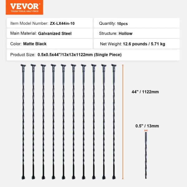 VEVOR metal balusters, 44" height, matte black, galvanized steel, hollow structure, set of 10.