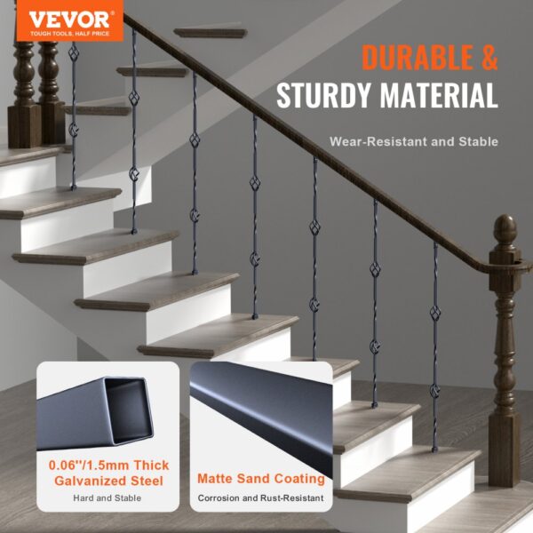 VEVOR staircase metal balusters on wooden steps, showcasing durable, wear-resistant materials.