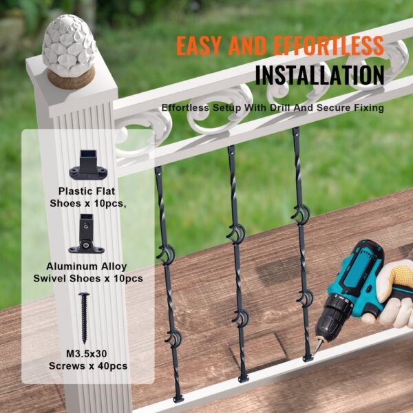 VEVOR staircase metal balusters installation kit, including drill, screws, and shoes, on a wooden surface.