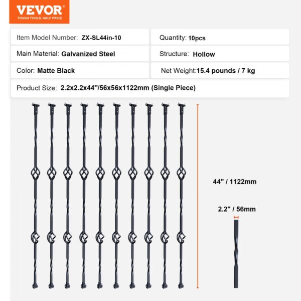 VEVOR staircase metal balusters, galvanized steel, matte black, 44" height, set of 10, diamond design.