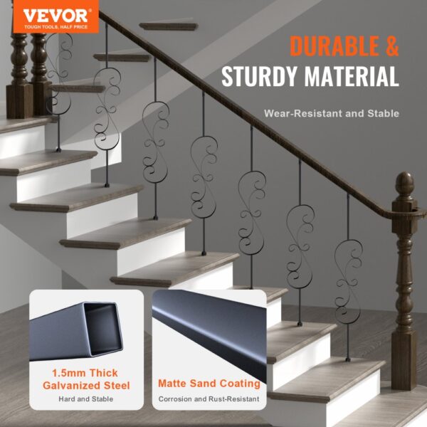 VEVOR staircase balusters with 1.5mm thick galvanized steel and matte sand coating for durability.