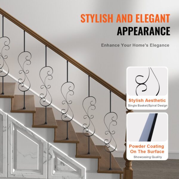 stylish VEVOR staircase balusters with single basket spiral design and powder-coated surface.