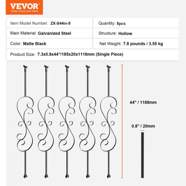 VEVOR staircase balusters, set of 5, matte black galvanized steel, 44" height, hollow structure.