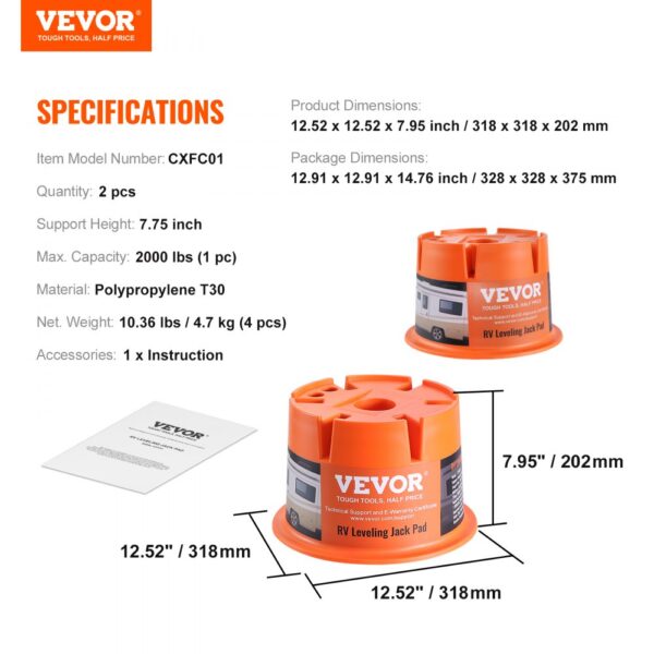 VEVOR Trailer Jack Block, 2000 lbs Capacity per RV Leveling Block, High-quality Polypropylene RV Camper Stabilizer Blocks, RV Travel Accessories Use for Any Tongue Jack, Post, Foot, 5th Wheels, 2-Pack