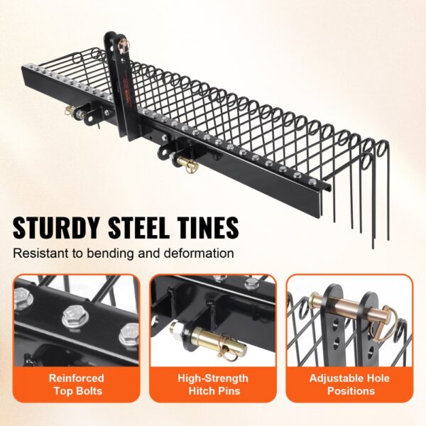 VEVOR tow behind landscape rake with sturdy steel tines, reinforced bolts, and adjustable hitch pins.