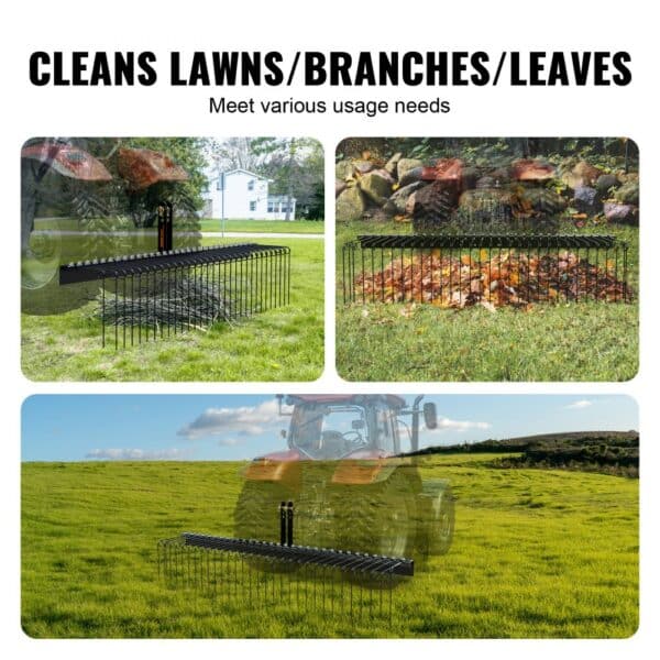 VEVOR tow behind landscape rake shown cleaning lawns, branches, and leaves with a tractor.