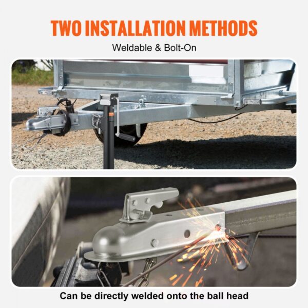 two installation methods for VEVOR trailer coupler: weldable and bolt-on, showing top and side views.