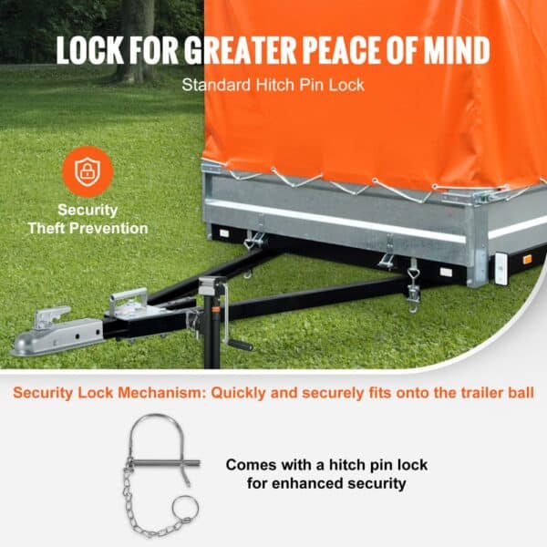 VEVOR trailer coupler with standard hitch pin lock, providing security and theft prevention for trailers.