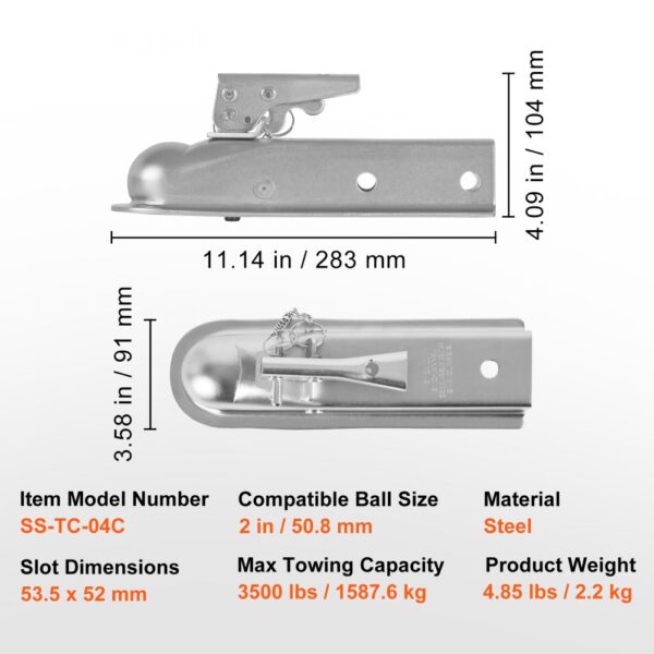 VEVOR trailer coupler, model ss-tc-04c, with a 2-inch ball size, steel material, 3500 lbs capacity.