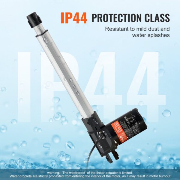 VEVOR linear actuator with ip44 protection, resistant to mild dust and water splashes.