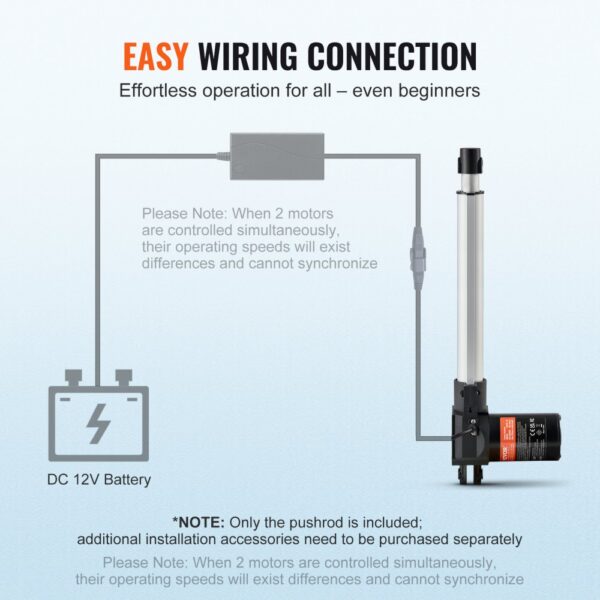 easy wiring connection for VEVOR linear actuator with dc 12v battery and pushrod control.