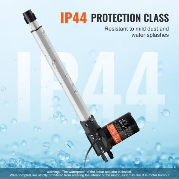 VEVOR linear actuator 12v, ip44 rated, resistant to mild dust and water splashes.