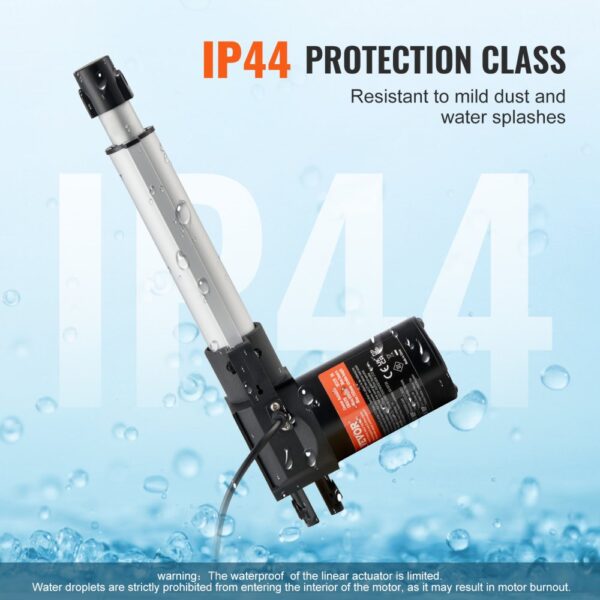 VEVOR linear actuator 12v with ip44 protection against mild dust and water splashes.