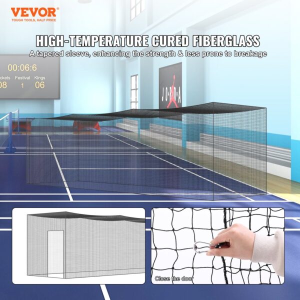 VEVOR batting cage in an indoor sports facility with high-temperature cured fiberglass netting.