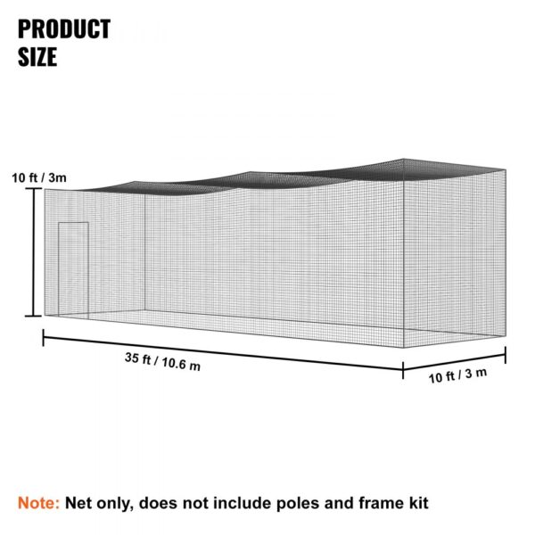 VEVOR baseball batting netting, dimensions: 35 ft (10.6 m) length, 10 ft (3 m) width, 10 ft (3 m) height.