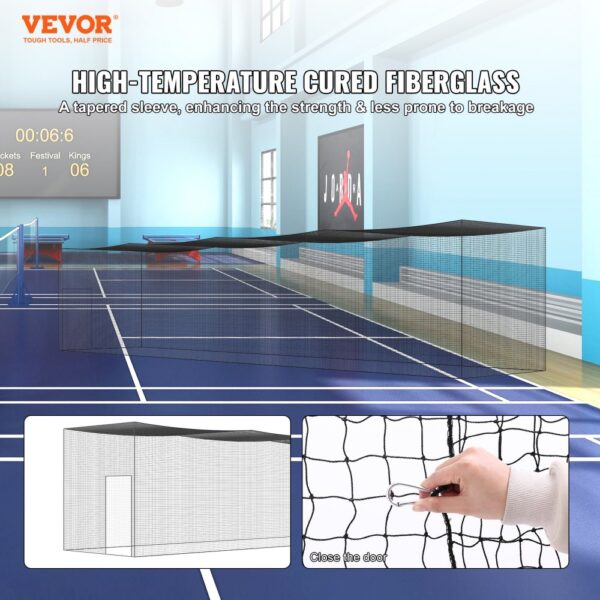 VEVOR baseball batting net in an indoor sports hall with high-temperature cured fiberglass frame.