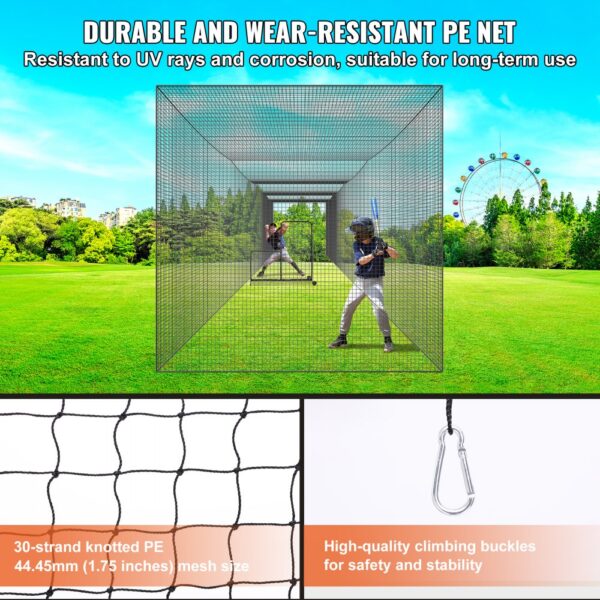 VEVOR baseball batting net on a green field with two players, pe mesh, and secure climbing buckles.